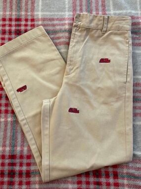 Men's Tan Chinos with Red Embroidered Accents